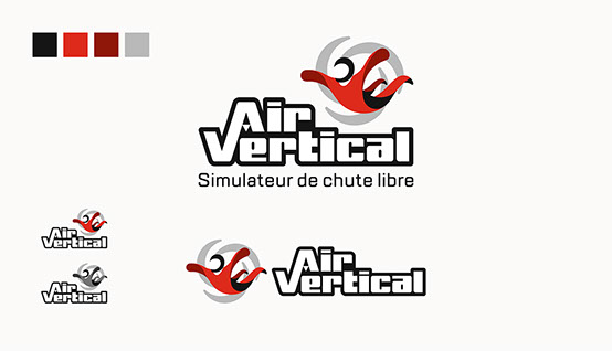 Présentation d'une planche de logotype de la marque Air Vertical, simulateur de chute libre.