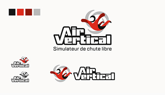 Présentation d'une planche de logotype de la marque Air Vertical, simulateur de chute libre.