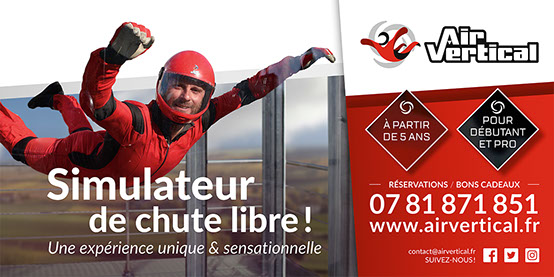Panneau d'affichage présentant la société Air Vertical, simulateur de chute libre.