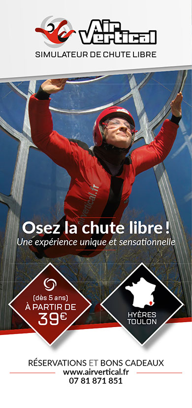 Flyer présentant la société Air Vertical, simulateur de chute libre.