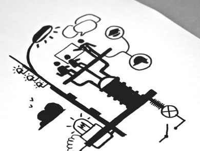 Photo d'une illustration autour de l'assistance à l'autonomie. Traité graphique en noir style pictogramme