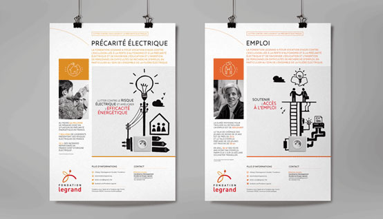 Deux affiches Fondation Legrand suspendues à un mur gris.