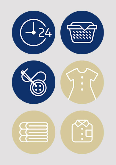 Présentation des 6 pictogrammes réalisés pour le flyer Nath repassage. Pictogrammes dessinés au trait dans un cercle de couleur bleu ou tabac.