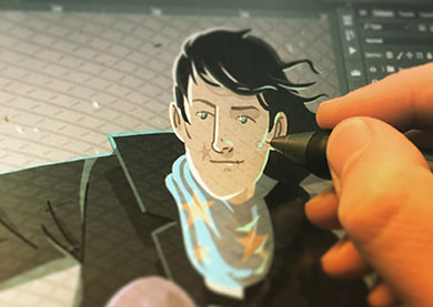 Photographie d'une main qui dessine un personnage sur une tablette graphique.