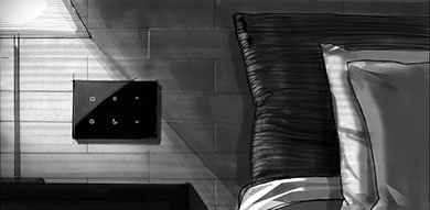 Dessin d'une tête de lit, d'une table de chevet et d'une lampe avec un produit UX for upscale hotels de la marque Legrand.