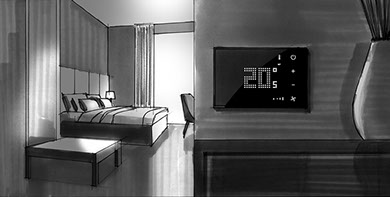 Dessin d'une chambre d'hotel avec un produit UX for upscale hotels de la marque Legrand posé sur le mur.